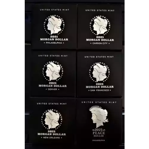 2021-P, D, S, O, & CC MORGAN & PEACE 99.9% SILVER DOLLAR 6 COIN SET W/ OGP & COA