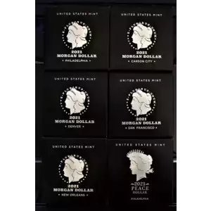 2021-P, D, S, O, & CC MORGAN & PEACE 99.9% SILVER DOLLAR 6 COIN SET W/ OGP & COA